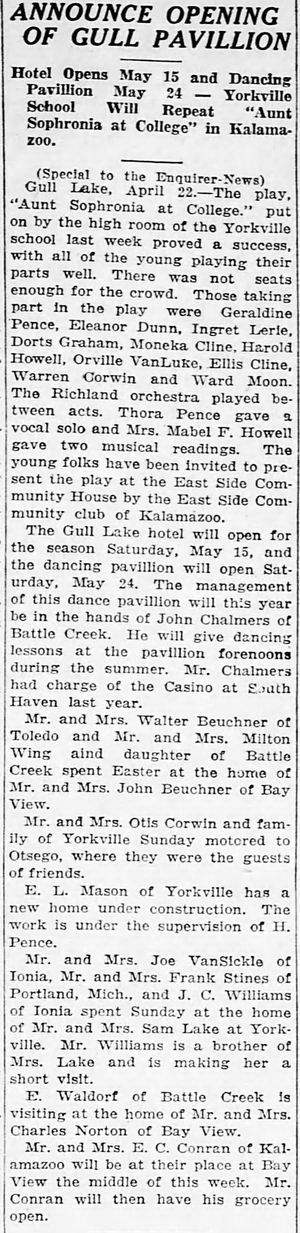 Gull Lake Dance Pavillion - April 1924 Opening Article